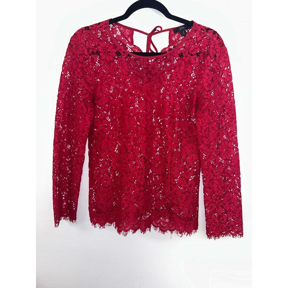 J.Crew Red Floral Lace Long Sleeve Tie Back Keyhole Top Size 0 - Picture 4 of 9